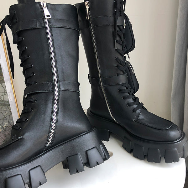 JESSY MARIA BRITISH STYLE CHUNKY PLATFORM LEATHER BOOTS WITH STRAP POCKET IN BLACK - boopdo