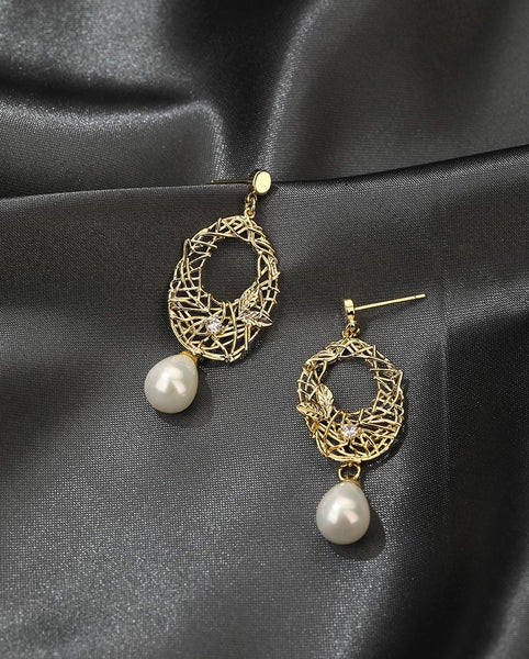 UZL DESIGN GOLD PLATED VINTAGE INSPIRED PEARL DROP EARRINGS - boopdo