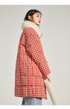 PEACE BIRD RED CHECK PADDED COAT WITH FAUX FUR HOOD - boopdo