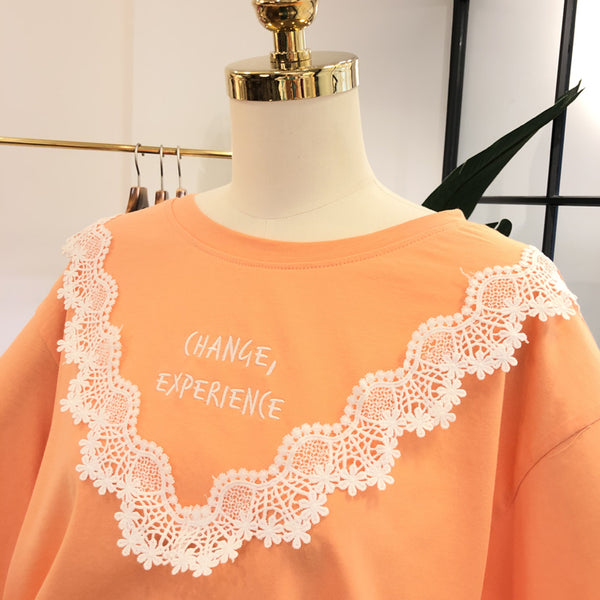 SIMDA CHANGE EXPERIENCE PRINT T SHIRT WITH LACE DETAIL - boopdo