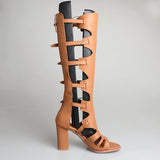 PROVA PERFETTO BOHEMIAN STYLE HIGH HEELED KNEE HIGH LEATHER SANDALS - boopdo