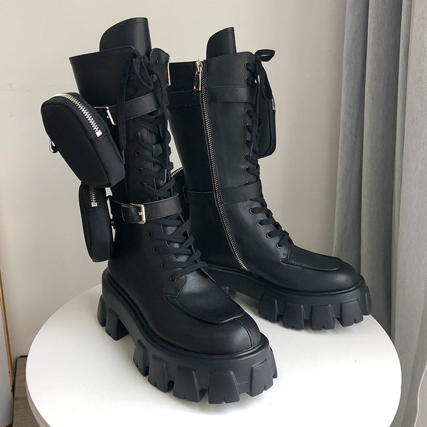 JESSY MARIA BRITISH STYLE CHUNKY PLATFORM LEATHER BOOTS WITH STRAP POCKET IN BLACK - boopdo