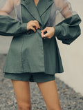 SINCE THEN MESH SLEEVE TALL LINEN SUIT WITH SHORTS CO ORD IN GREEN - boopdo