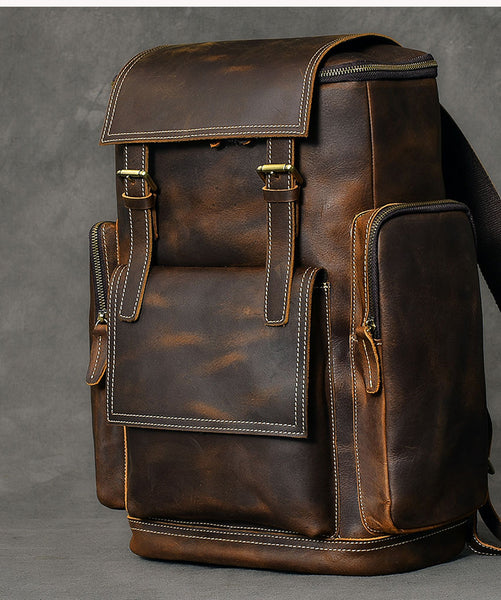 TWENTY FOUR STREET BRITISH DESIGN LARGE CAPACITY BROWN LEATHER BACKPACK - boopdo