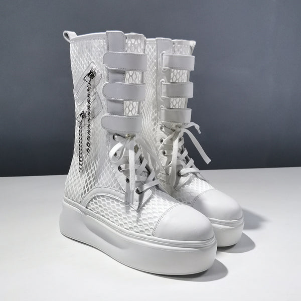 LOU NAVA ROMAN HIGH TOP MESH ANKLE SANDAL BOOTIES IN WHITE - boopdo