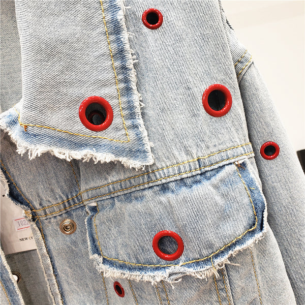 JEYYO CATHRO OLD FASHION DENIM JEAN WOMEN JACKET WITH RUFFLE RING HOLES - boopdo