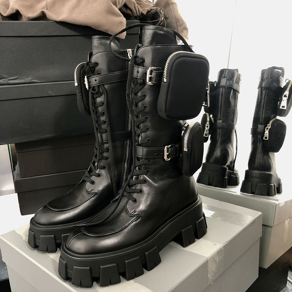 JESSY MARIA BRITISH STYLE CHUNKY PLATFORM LEATHER BOOTS WITH STRAP POCKET IN BLACK - boopdo