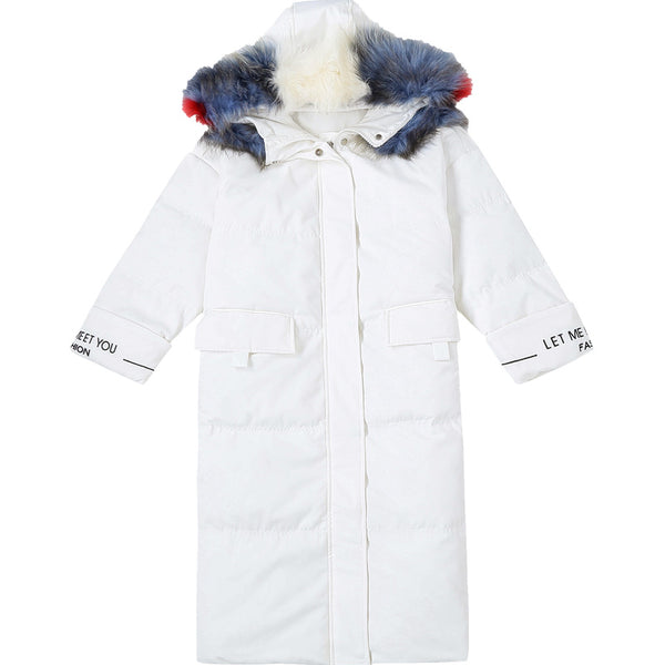 MAXMARTIN LONGLINE WHITE PADDED COAT WITH BLUE FAUX FUR HOOD - boopdo