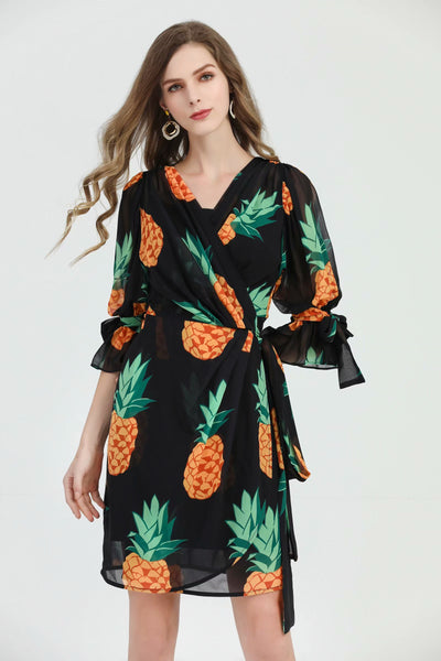 BBL DESIGN PINEAPPLE PRINT WRAP DRESS WITH TIE SLEEVES - boopdo