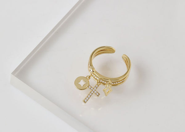 UZL DESIGN OPEN ENG RING WITH CROSS AND CRYSTAL EMBELLISHMENT - boopdo