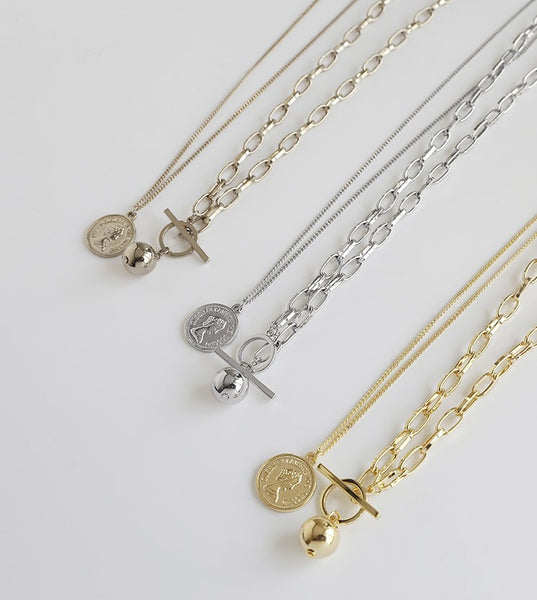 UZL DESIGN MULTIROW NECKLACE WITH COIN AND T BAR PENDANT - boopdo