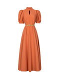 VERRAGE HIGH NECK BELTED MIDI DRESS WITH PUFF SLEEVE - boopdo
