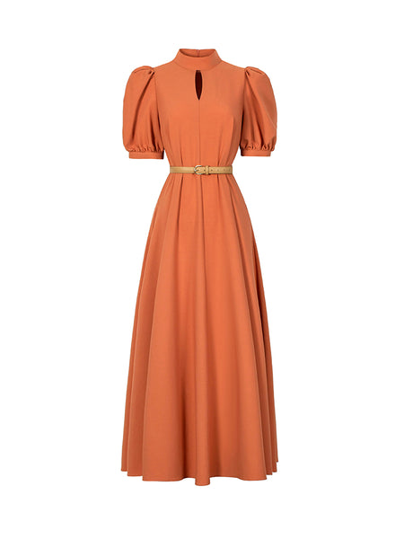 VERRAGE HIGH NECK BELTED MIDI DRESS WITH PUFF SLEEVE - boopdo