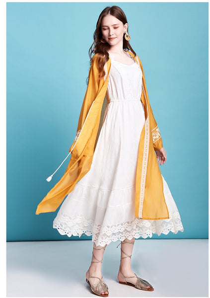 ARTKA TIE FRONT LONG LINE KAFTAN WITH EMBROIDERY - boopdo