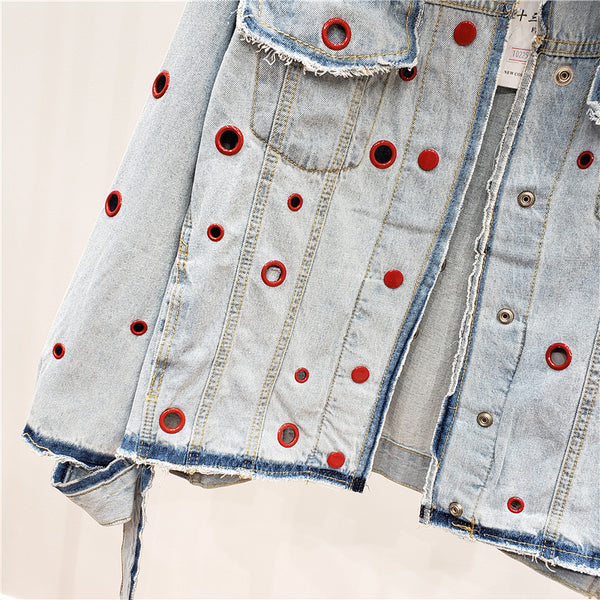 JEYYO CATHRO OLD FASHION DENIM JEAN WOMEN JACKET WITH RUFFLE RING HOLES - boopdo