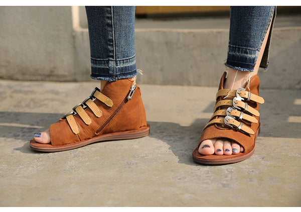 PROVA PERFETTO HUFFO ROMAN OPEN TOE FLAT SOLE LEATHER SANDALS - boopdo