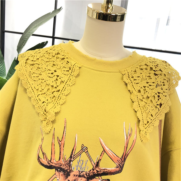 SIMDA LACE COLLAR DETAIL SWEATSHIRT WITH PRINT - boopdo