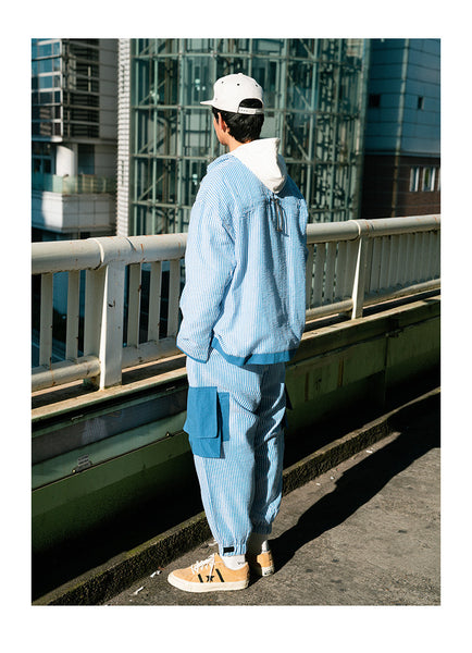 KIKO GORLA STRIPED SEERSUCKER CASUAL JOGGER PANTS IN BLUE - boopdo