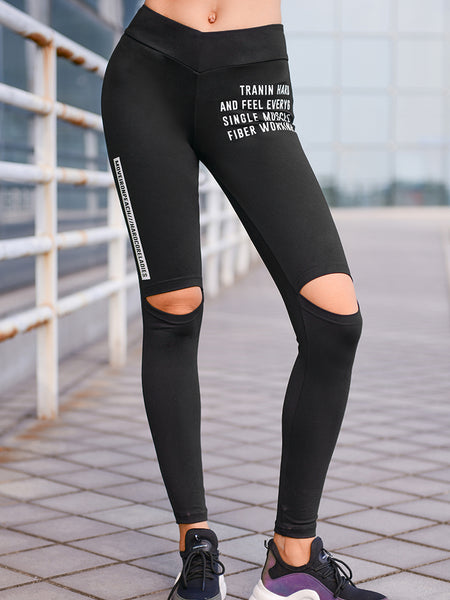 MIP LETTERS PATCH GYM LEGGINGS WITH RIPPED KNEES - boopdo