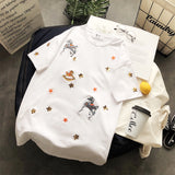 BOOPDO DESIGN SEQUIN STAR AND HORSE EMBROIDERY LONGLINE T SHIRT - boopdo
