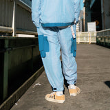KIKO GORLA STRIPED SEERSUCKER CASUAL JOGGER PANTS IN BLUE - boopdo
