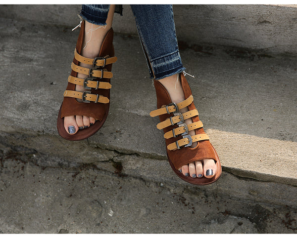 PROVA PERFETTO HUFFO ROMAN OPEN TOE FLAT SOLE LEATHER SANDALS - boopdo