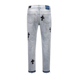 RICKY ELZA CROSS LEATHER PATCH RIPPED DENIM JEAN PANTS - boopdo