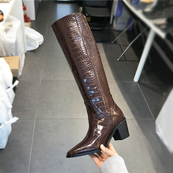LUXE SEVEN DESIGN PULL ON LEATHER KNEE BOOTS - boopdo