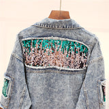 MONICA DIZO HANDMADE RIPPED DENIM JEAN WOMEN JACKET WITH SEQUINS - boopdo