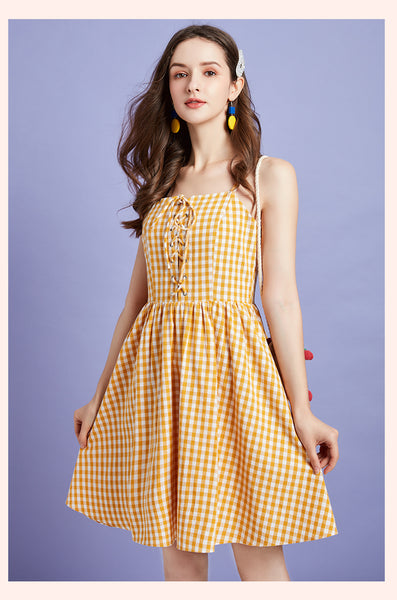 ARTKA LACE UP FRONT MINI SUNDRESS IN YELLOW CHECK - boopdo