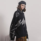 MAMC ABOW LIFE HIGH COLLAR TATTERED BIG LETTER CREW NECK SWEATER IN BLACK - boopdo
