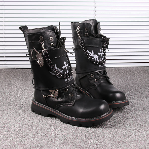 KATIELA METAL SKULL GARCIA LACE UP BOOTS IN BLACK - boopdo