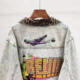 VANESSA JUSSO LEOPARD DETAIL BEADED OLD SCHOOL STYLE DENIM JEAN WOMEN JACKET - boopdo