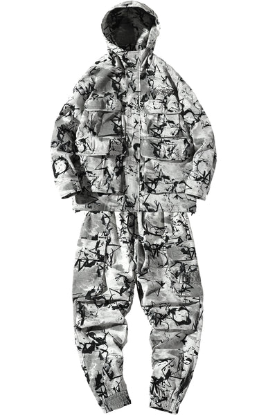 ADAM FREAK VELCRO GRAFFITI DESIGN MULTI POCKET CAMO PRINT HOODED JACKET - boopdo