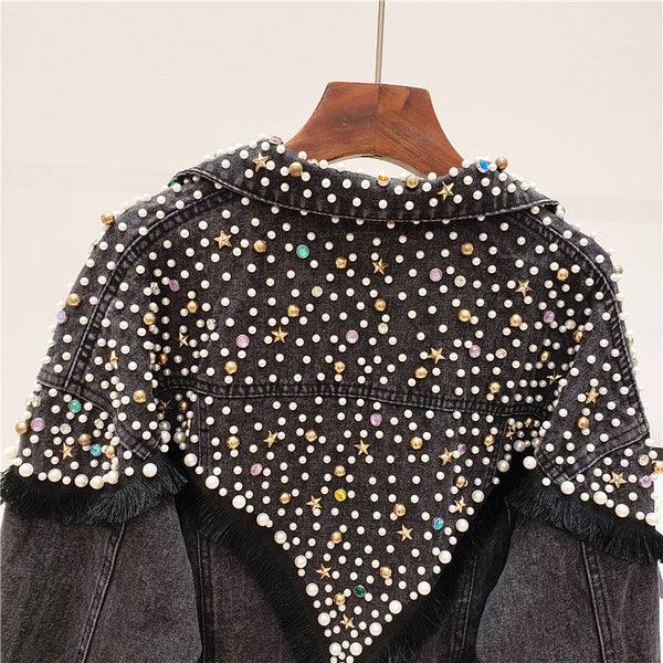 JEYYO CATHRO RETRO STAR OLD FASHION DENIM JEAN WOMEN JACKET WITH BEADED ACCESSORIES - boopdo