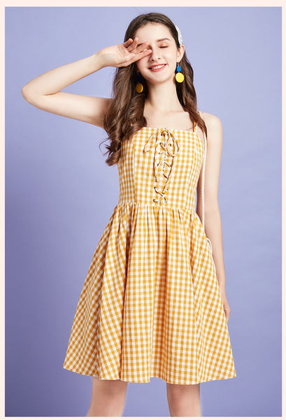 ARTKA LACE UP FRONT MINI SUNDRESS IN YELLOW CHECK - boopdo