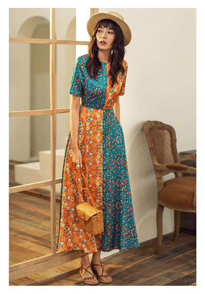 VERRAGE CONTRAST RETRO FLORAL MIDAXI DRESS - boopdo