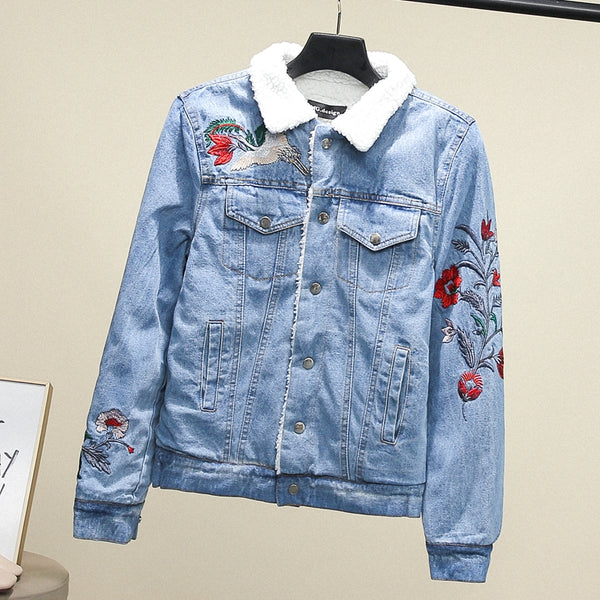 8GIRLS FLORAL EMBROIDERED BORG LINED DENIM JACKET - boopdo