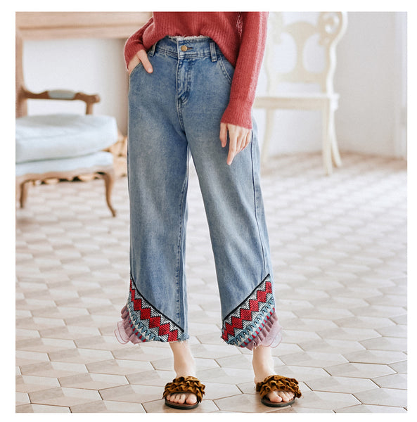 JAM PRINCESS STRAIGHT LEG JEANS IN EMBROIDERED FRILL DESIGN - boopdo