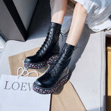 JOSASE JEZ PRONTO LACE UP FLOWER PRINT LEATHER BOOTS IN BLACK - boopdo
