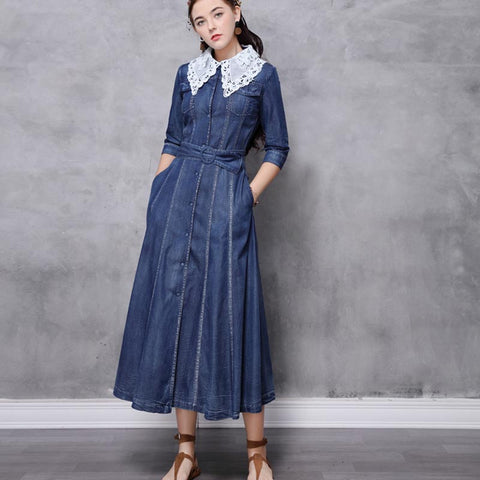 ARTKA PEREIRA KEER FRENCH STYLE LACE DOLL COLLAR MID LENGTH DENIM JEAN DRESS - boopdo