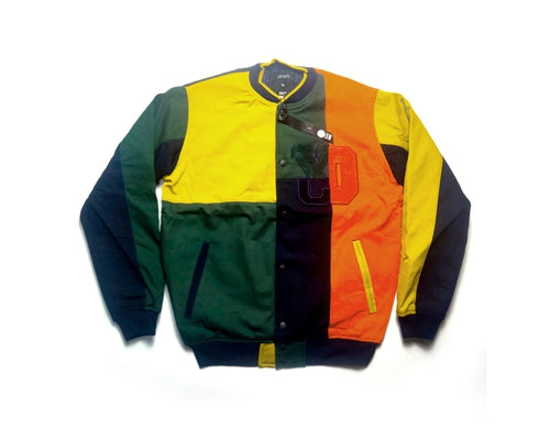 DEMME SUN SHINE RETRO BASEBALL QUILTED VARSITY JACKET IN MULTI COLOR