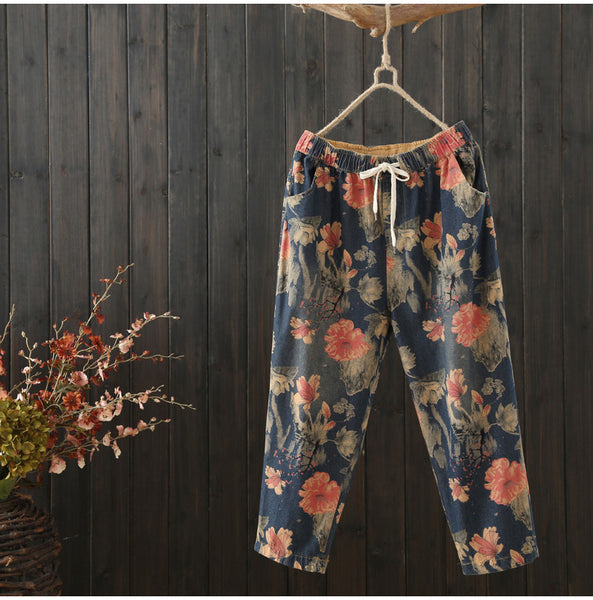 AUTUMN VINTAGE INSPIRED FLORAL PRINT TROUSERS - boopdo