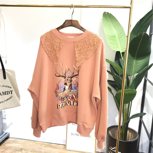 SIMDA LACE COLLAR DETAIL SWEATSHIRT WITH PRINT - boopdo