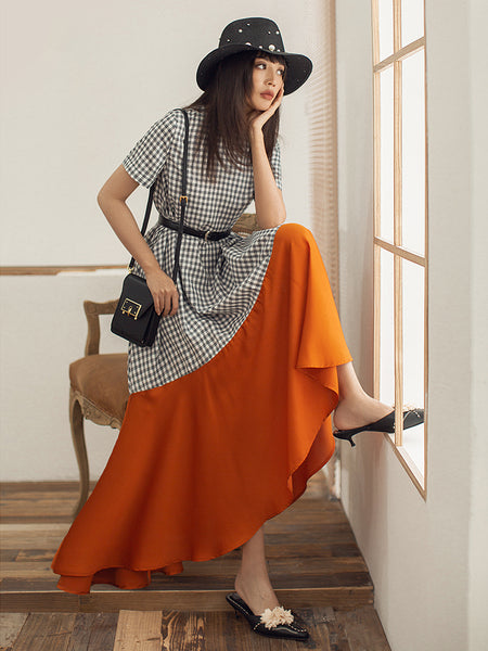 VERRAGE BELTED MAXI TEA DRESS IN MIXED CHECK PRINT - boopdo