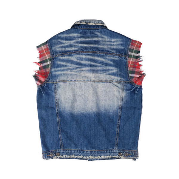BOOPDO SMUGGLER MOONS PLAID EMBROIDERED DENIM VEST IN NAVY - boopdo