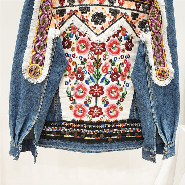 JEYYO CATHRO RETRO ETHNIC FLOWER EMBROIDERED BEADED SEQUIN DENIM JEAN JACKET - boopdo