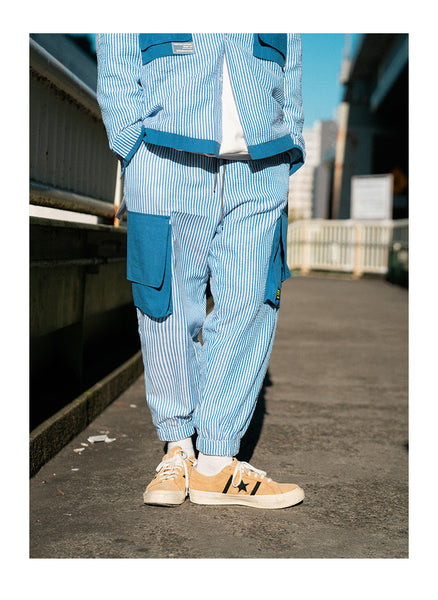 KIKO GORLA STRIPED SEERSUCKER CASUAL JOGGER PANTS IN BLUE - boopdo