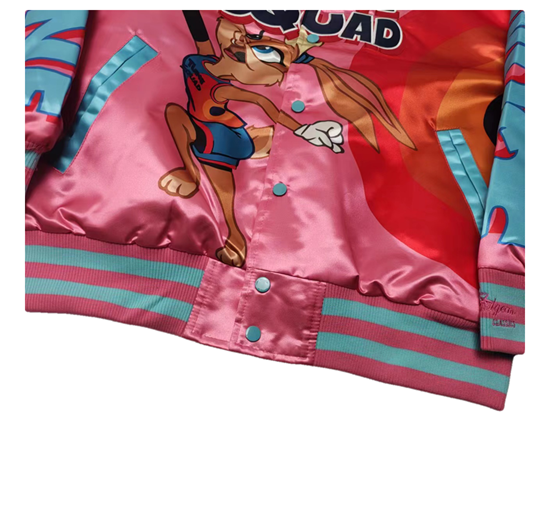 BUNNY TUNE SQUAD BASKETBALL CARTOON PRINT QUILTED BOMBER JACKET IN PINK