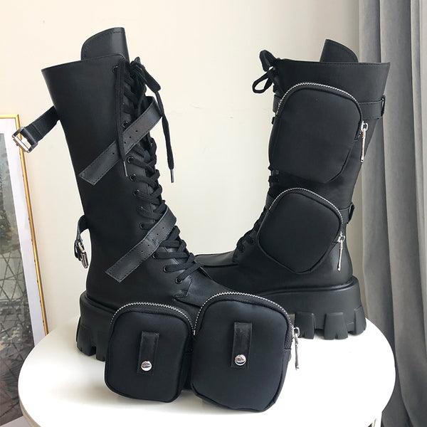 JESSY MARIA BRITISH STYLE CHUNKY PLATFORM LEATHER BOOTS WITH STRAP POCKET IN BLACK - boopdo